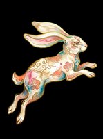Leaping rabbit with Asian floral and cloud motifs in watercolor style, isolated on transparent background. Great for stickers, t-shirt design, print on demand, and sublimation.