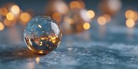 Glass sphere with golden light reflections on textured surface creating magical bokeh background for holiday decorations and festive celebrations.