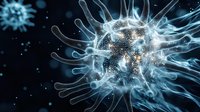 Microscopic view of virus cell with spiky surface proteins glowing in blue and white against dark background, showing detailed molecular structure and viral membrane.