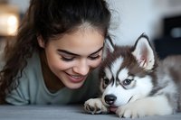Young woman bonding with adorable husky puppy at home. Heartwarming pet adoption and companionship moment for lifestyle and animal care content.