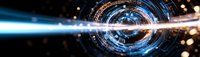 Futuristic glowing energy portal with blue light beam and particle effects against dark background, creating dynamic sci-fi atmosphere for technology concepts.