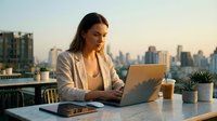 Professional businesswoman working on laptop at modern rooftop office during golden hour with city skyline background for remote work and entrepreneurship.