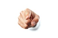Pointing finger gesture on white background, close up view of human hand showing accusatory or selecting motion, isolated cutout for design use.