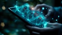Glowing blue DNA helix hologram emerging from smartphone screen with bokeh effect in dark background, representing digital genetics and biotechnology advancement.