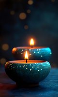 Glowing candles in decorative ceramic bowls with starry night pattern create warm ambient lighting against dark blue bokeh background for relaxation and meditation.