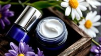 Natural cosmetic cream and serum with chamomile flowers and purple iris petals in wooden box, organic skincare concept on dark background.