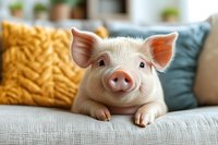 Adorable pink piglet resting on gray sofa with yellow and teal decorative pillows in background, looking directly at camera with curious expression.