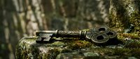 Ornate antique brass key resting on mossy stone surface, intricate engravings and aged patina, mysterious medieval atmosphere, fantasy concept.