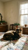 Tortoiseshell cat resting on a patchwork quilt in a sunlit vintage bedroom with houseplants and lace curtains, cozy home atmosphere.