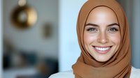 Young woman wearing brown hijab smiling warmly at camera with bright white teeth and genuine expression against blurred modern interior background.