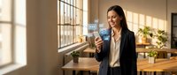 Professional businesswoman using smartphone with email notifications in modern office workspace during golden hour lighting.