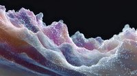 Abstract cosmic landscape with pink and purple crystalline formations against black background, featuring sparkling particles and undulating terrain for creative design projects.