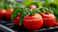 Fresh ripe red tomatoes with water drops and green leaves on dark background, macro shot with selective focus for food photography and design.