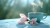 Steaming turquoise cup of hot beverage with delicate pink magnolia flowers on textured surface against soft bokeh background in morning light.