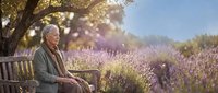 Senior woman relaxing on wooden bench in blooming lavender field during golden hour sunset with peaceful countryside atmosphere.