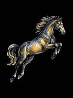 Majestic horse with flowing mane leaping in dynamic pose, featuring gold and navy watercolor style. Isolated on transparent background, ready for t-shirts, stickers, clipart, and print-on-demand designs.