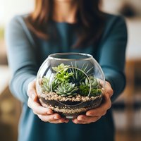 Woman holding glass terrarium with succulent plants and decorative stones in cupped hands. Indoor gardening and home decor concept for modern living spaces.