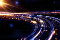Abstract curved light trails in dark space with glowing particles and lens flare effect creating futuristic technology concept.