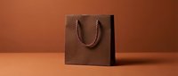 Brown paper shopping bag with rope handles on warm terracotta background, suitable for retail, packaging, branding, and e-commerce design projects.