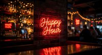 Neon Happy Hour sign glowing red in cozy bar with warm bokeh lights and brick walls creating inviting nightlife atmosphere for restaurant marketing.