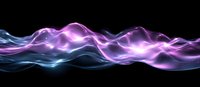 Glowing abstract wave pattern in purple and blue neon colors flowing horizontally on black background, creating dynamic light effect for modern design.