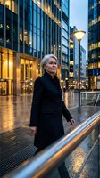 Confident mature businesswoman walking through modern financial district at dusk with illuminated office buildings and wet pavement reflections.