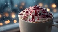 Festive hot chocolate with whipped cream and cranberries in white mug against snowy window with warm bokeh lights creating cozy winter holiday atmosphere.
