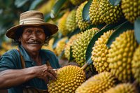 Mature African American farmer harvesting fresh durian fruits from tree, wearing straw hat and work clothes, showing genuine smile while picking tropical produce.