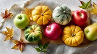 Seasonal harvest arrangement with colorful pumpkins, green and red apples on wooden board, decorated with autumn maple leaves.