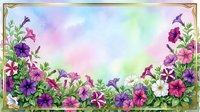 Watercolor floral frame with colorful petunias and green foliage on pastel rainbow background. Decorative border for spring garden designs and botanical projects.