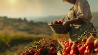 Farmer harvesting fresh ripe tomatoes in wicker basket during golden hour sunset in rural countryside field for organic agriculture and farm produce.
