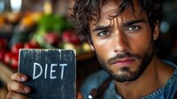 Young Mediterranean man with beard and blue eyes holding small chalkboard with diet text, expressing skeptical emotion against blurred produce market background.