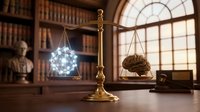 Golden scales of justice balancing glowing digital network sphere and human brain in elegant law library office with books and classical architecture.