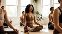 Diverse group practicing meditation and yoga in bright studio with natural light. Mixed ethnicity women and men in activewear sitting cross-legged on mats.