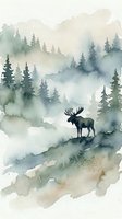 Watercolor moose silhouette in misty forest landscape with evergreen trees and mountains. Serene wilderness scene for home decor and nature art projects.