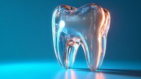 Translucent glass tooth with blue and orange neon lighting on gradient background, isolated for dental care, orthodontics, and healthcare design projects.