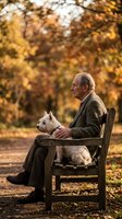 Senior Caucasian man sitting on wooden bench with white terrier dog in autumn park with golden foliage background for companionship and aging concepts.