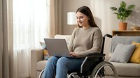Young woman with long dark hair and light skin tone, wearing a beige sweater and jeans, sitting in a wheelchair while using a laptop. Inclusive workspace setting with modern home office decor.