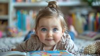 Adorable young caucasian girl with bright blue eyes lying on floor reading colorful children's book, perfect for education, childhood development and learning concepts.