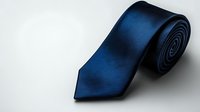 Elegant navy blue silk necktie rolled up on white background, showing fine diagonal ribbed texture and classic pointed end. Professional menswear accessory.