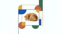 Orange tabby cat sleeping peacefully surrounded by colorful geometric shapes and circles on white background for modern design projects and pet themes.