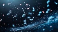 Musical notes floating in dark blue cosmic space with glowing particles and bokeh effects creating magical atmosphere for music and entertainment concepts.
