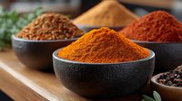 Aromatic spices in black ceramic bowls - turmeric, paprika, black peppercorns and chili powder arranged on wooden surface with fresh herbs for cooking.