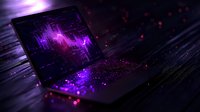 Glowing purple waveform on laptop screen with scattered light particles and bokeh effects on dark wooden surface, creating futuristic technological atmosphere.