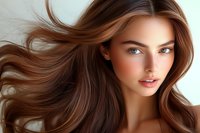 Young woman with flowing brown hair and blue eyes against light background, natural makeup look and glowing skin. Professional beauty portrait with hair in motion.