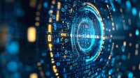 Futuristic digital technology concept with glowing blue circular interface and binary code pattern in dark background for cybersecurity and data visualization.