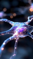 Glowing neural network synapse with purple and blue luminescent energy pulses transmitting data across interconnected nodes, representing artificial intelligence, neuroscience research, and digital communication technology.
