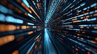 Abstract light trails creating dynamic radial blur effect in blue and orange colors, with bokeh and motion streaks converging to center point. For technology backgrounds.