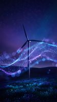 Wind turbine at night with glowing blue and purple particle waves, starry sky, and blooming field, symbolizing clean renewable energy innovation.