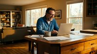 Middle-aged man with dark hair and glasses wearing blue shirt working on laptop at wooden desk in home office with bookshelves and windows.
